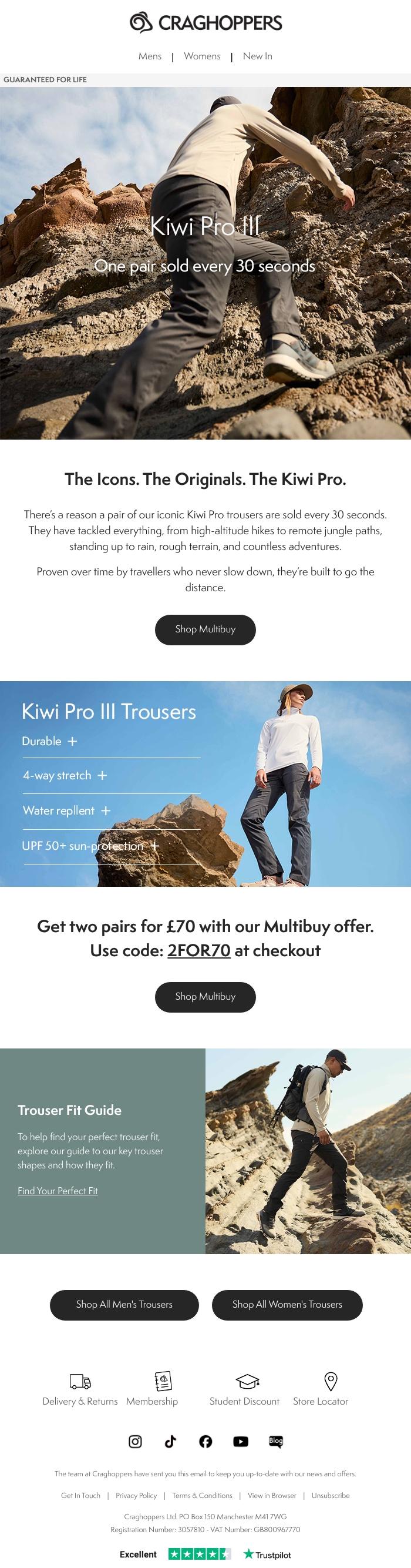 Email Design Inspiration from Craghoppers, Get two pairs of Kiwi Pro III trousers for &pound;70