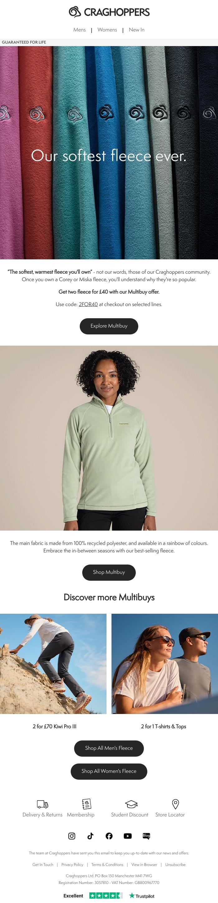 Email Design Inspiration from Craghoppers, Get two of our softest Fleece for &pound;40