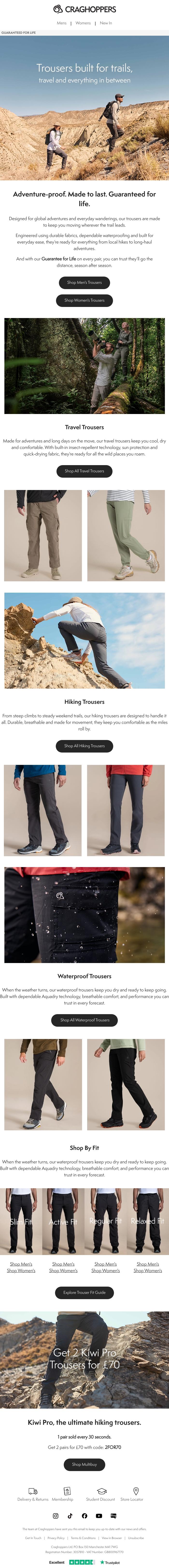 Email Design Inspiration from Craghoppers, Trousers built for trails, travel, and everything in between.