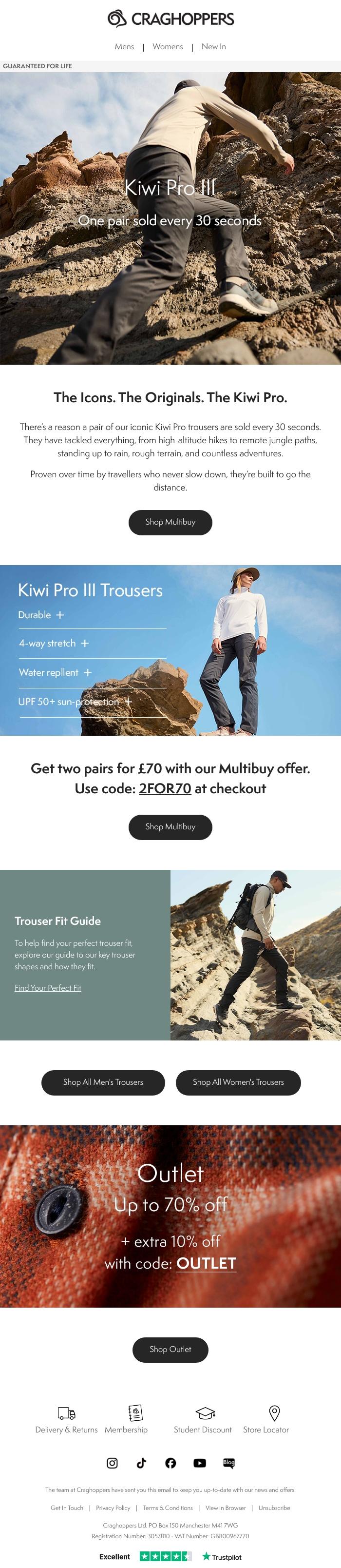 Email Design Inspiration from Craghoppers, Get two pairs of Kiwi Pro III for &pound;70