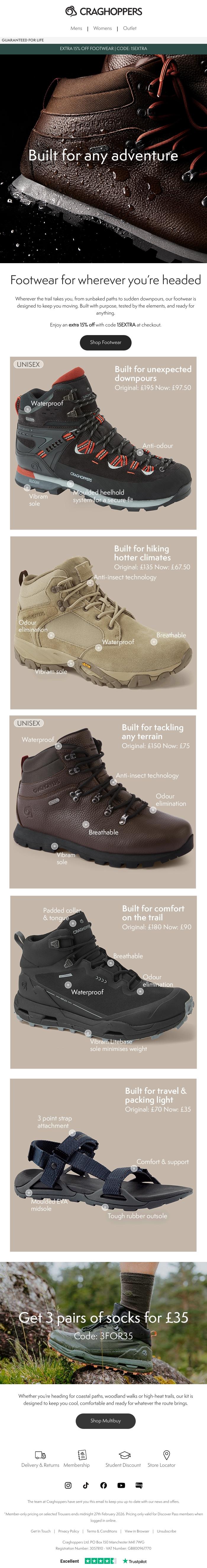 Email Design Inspiration from Craghoppers, Footwear built for any adventure: Extra 15% off