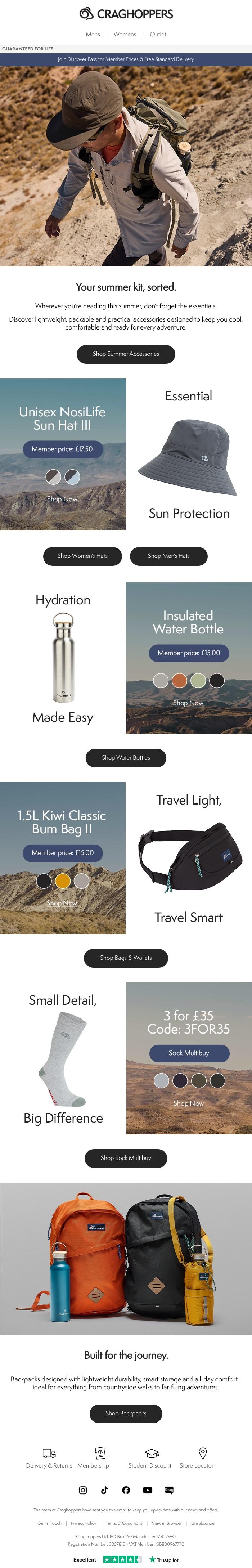 Email Design Inspiration from Craghoppers, Accessories that perform in the heat