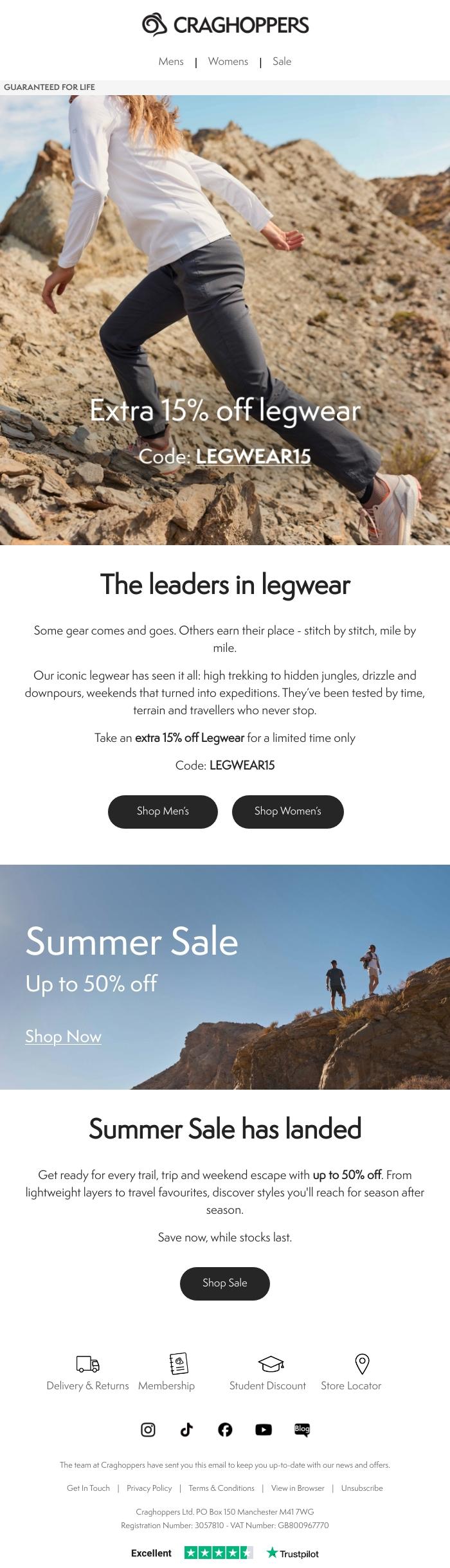 Email Design Inspiration from Craghoppers, Take an extra 15% off Legwear