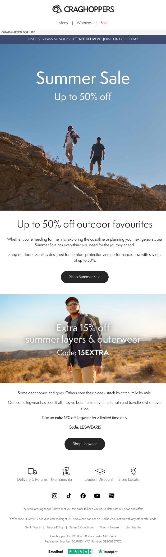 Email Design Inspiration from Craghoppers, Summer Sale: Up to 50% off
