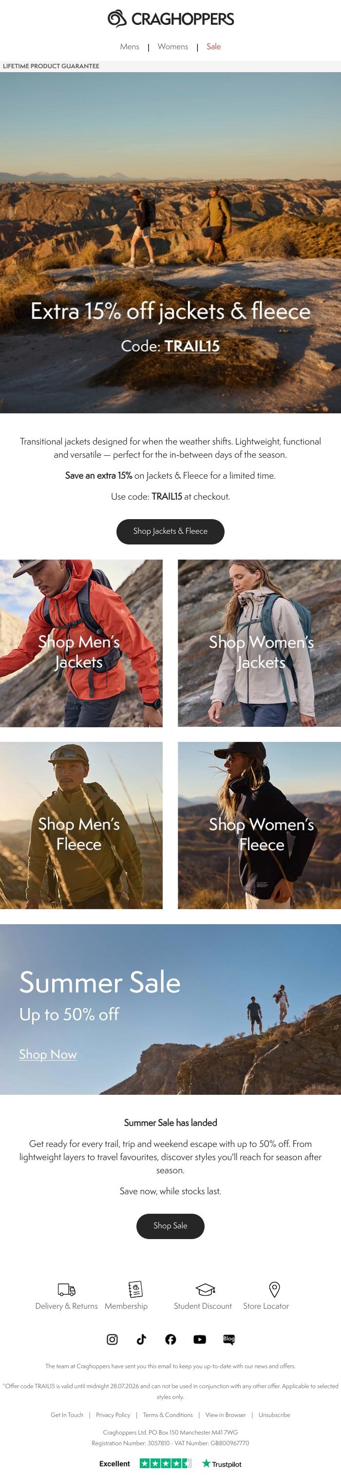 Email Design Inspiration from Craghoppers, Jackets & fleece for cool summer days