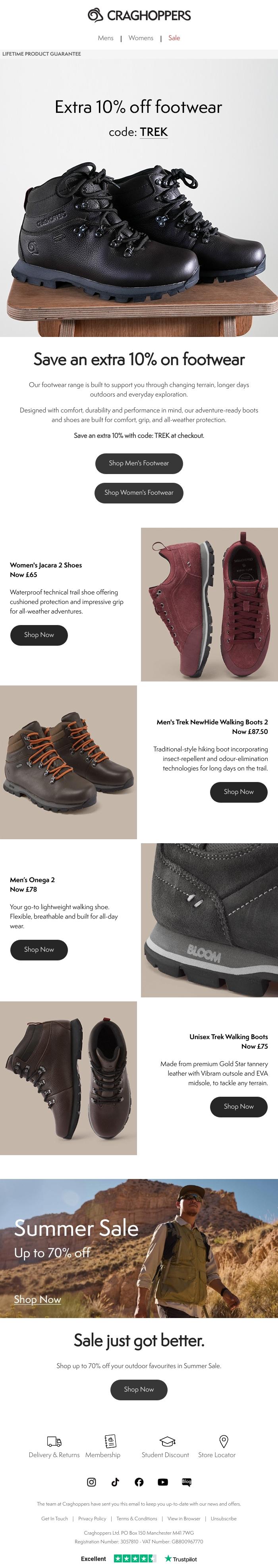 Email Design Inspiration from Craghoppers, Take an extra 10% off Footwear