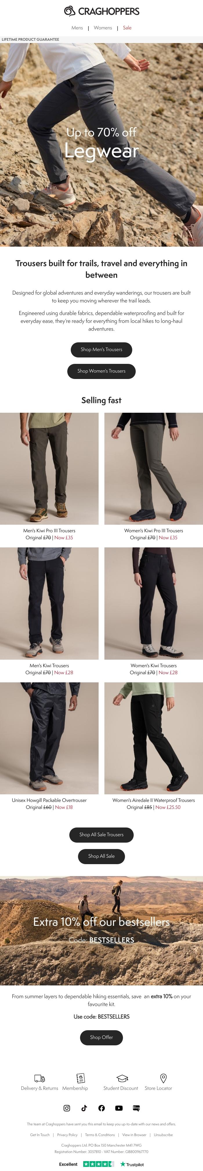 Email Design Inspiration from Craghoppers, Up to 70% off your favourite hiking trousers