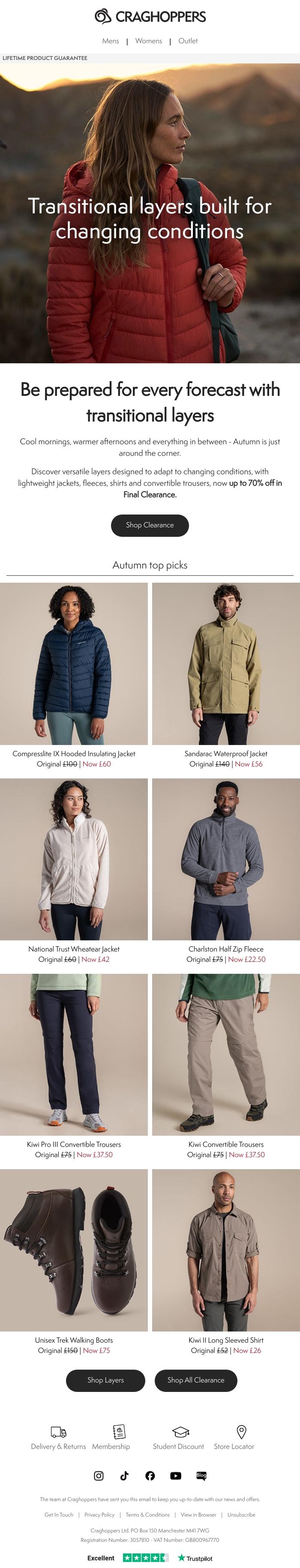 Email Design Inspiration from Craghoppers, Transitional layers built for changing conditions