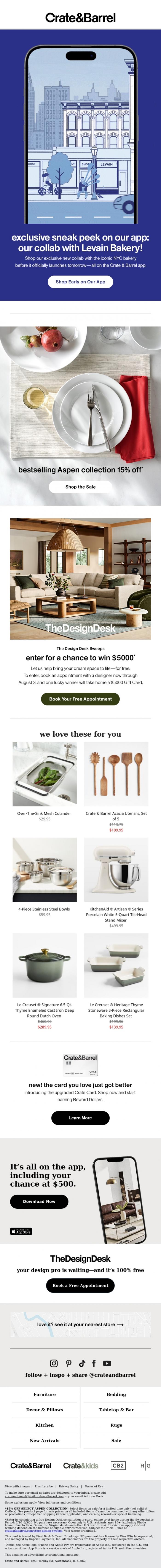 Email Design Inspiration from Crate & Barrel SALE, The best collab since 🍪 & 🥛 JUST hit our app