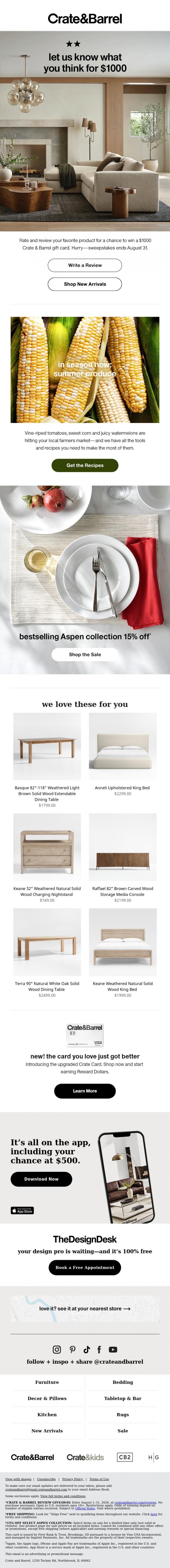 Email Design Inspiration from Crate & Barrel SALE, A $1000 gift card could be yours &rarr;
