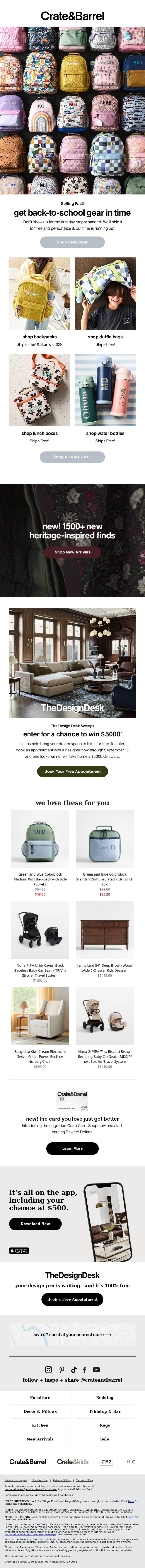 Email Design Inspiration from Crate & Barrel SALE, Going fast: grab their school gear at up to 20% off &rarr;