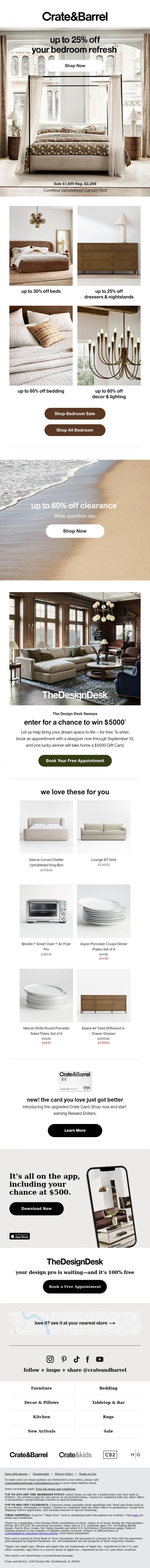 Email Design Inspiration from Crate & Barrel SALE, On now: Up to 25% off your bedroom refresh!