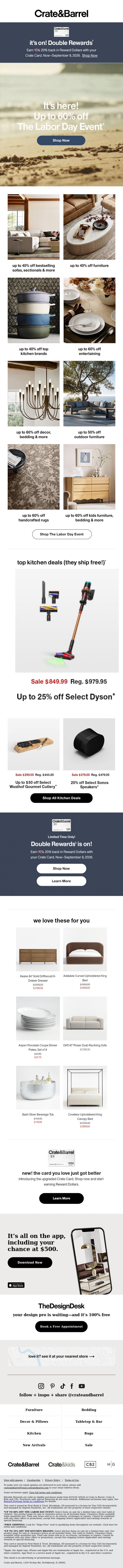 Email Design Inspiration from Crate & Barrel SALE, It's here! Earn DOUBLE REWARDS + Shop up to 60% off The Labor Day Event!