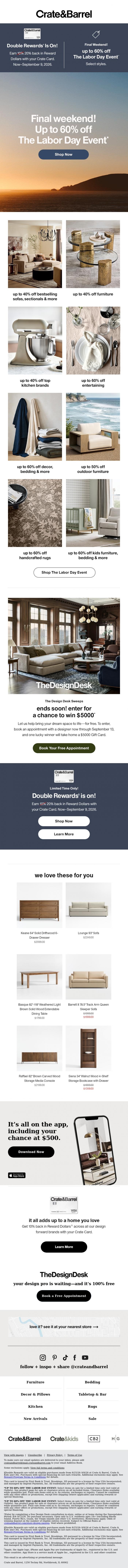 Email Design Inspiration from Crate & Barrel SALE, FINAL WEEKEND for The Labor Day Event! Shop up to 60% off
