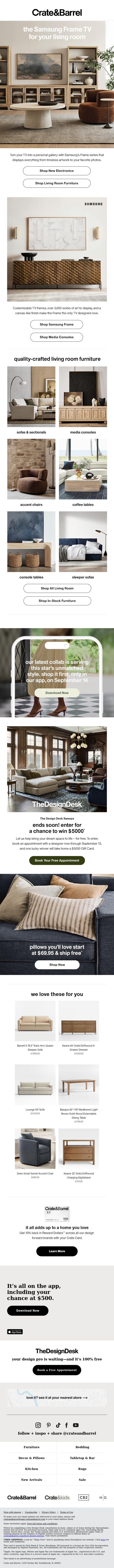 Email Design Inspiration from Crate & Barrel SALE, The Samsung Frame TV is art for your walls&nbsp; &rarr;