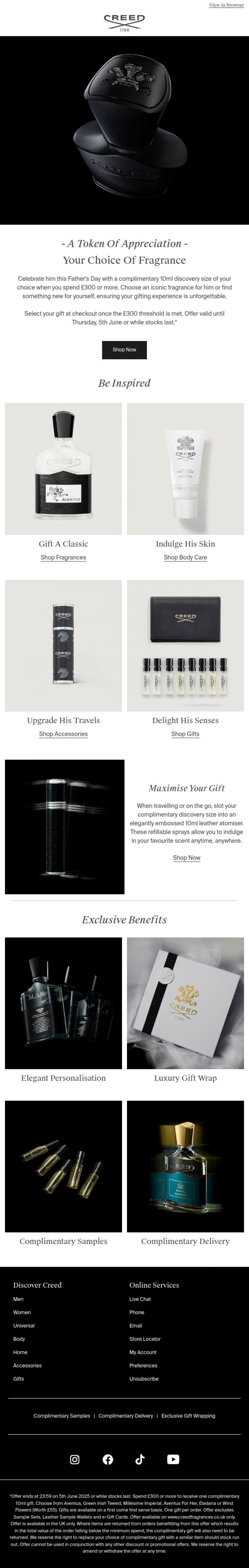 Email Design Inspiration from Creed Fragrance, Indulge Him And Receive A Complimentary Treasure