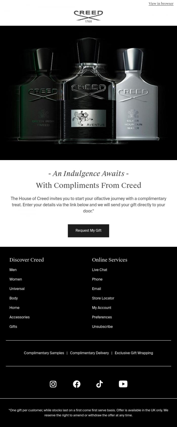 Email Design Inspiration from Creed Fragrance, Your Complimentary Gift From The House Of Creed