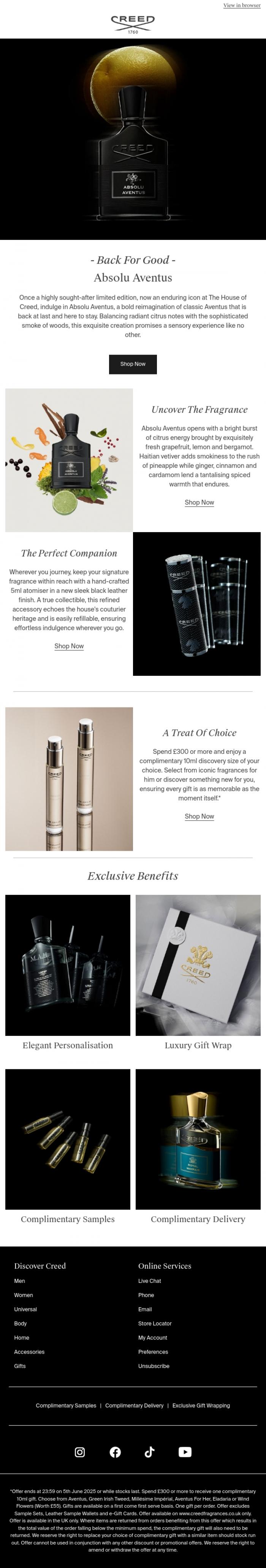 Email Design Inspiration from Creed Fragrance, Treasured Absolu Aventus Is Back For Good