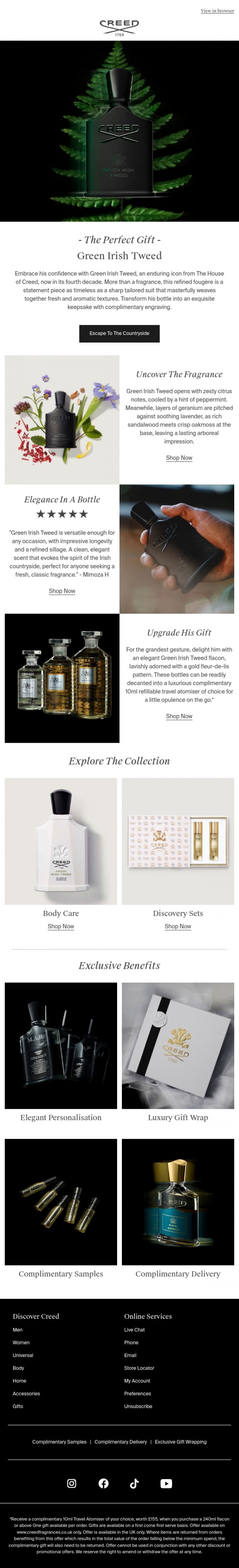 Email Design Inspiration from Creed Fragrance, Green Irish Tweed | A Classic Creed Gift