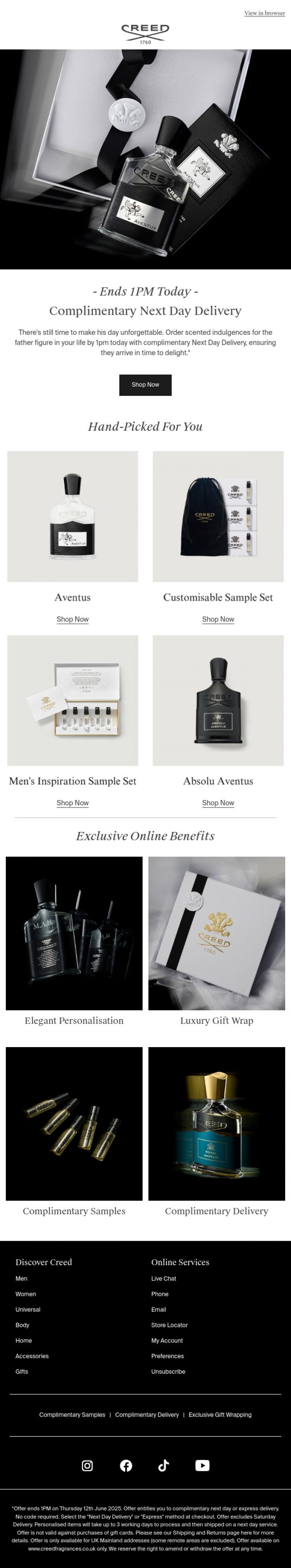 Email Design Inspiration from Creed Fragrance, Ending At 1PM | Complimentary Next Day Delivery*