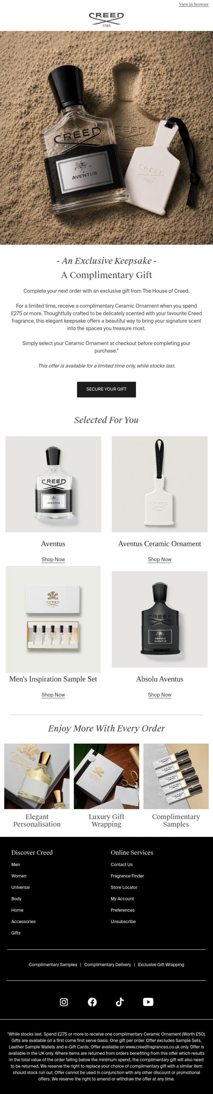 Email Design Inspiration from Creed Fragrance, An Exclusive Keepsake, Reserved For You