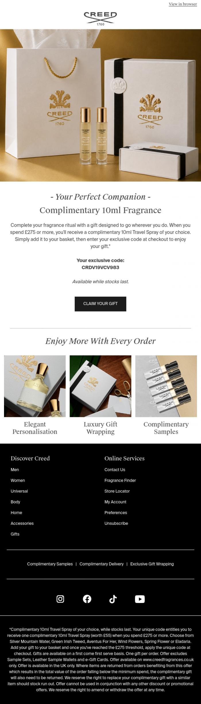 Email Design Inspiration from Creed Fragrance, Your Complimentary 10ml Fragrance Awaits