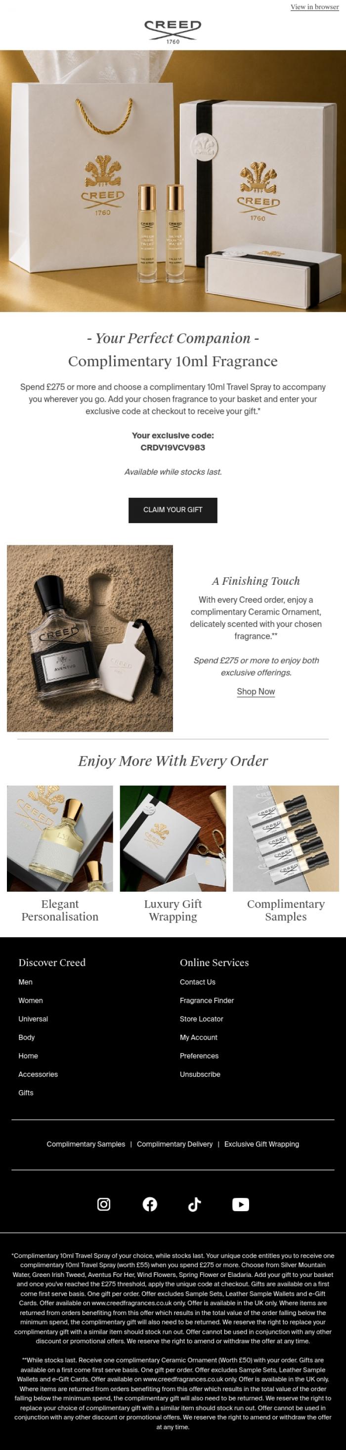 Email Design Inspiration from Creed Fragrance, A Complimentary 10ml Fragrance, Chosen By You