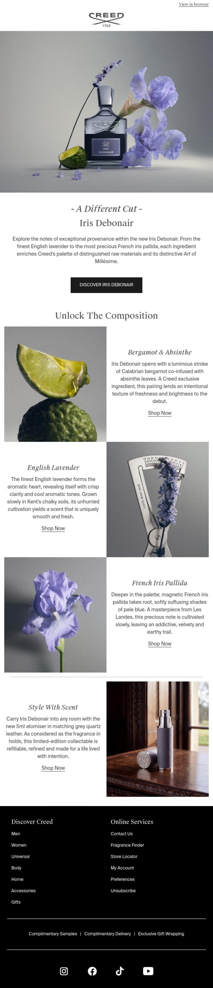 Email Design Inspiration from Creed Fragrance, Ingredients Unlocked | Iris Debonair