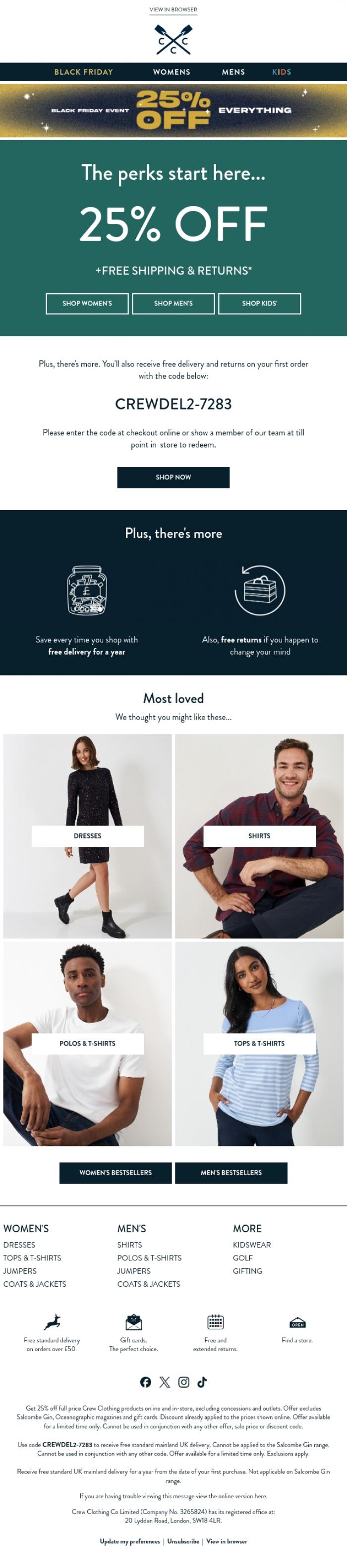Email Design Inspiration from Crew Clothing, Enjoy 25% off your first purchase