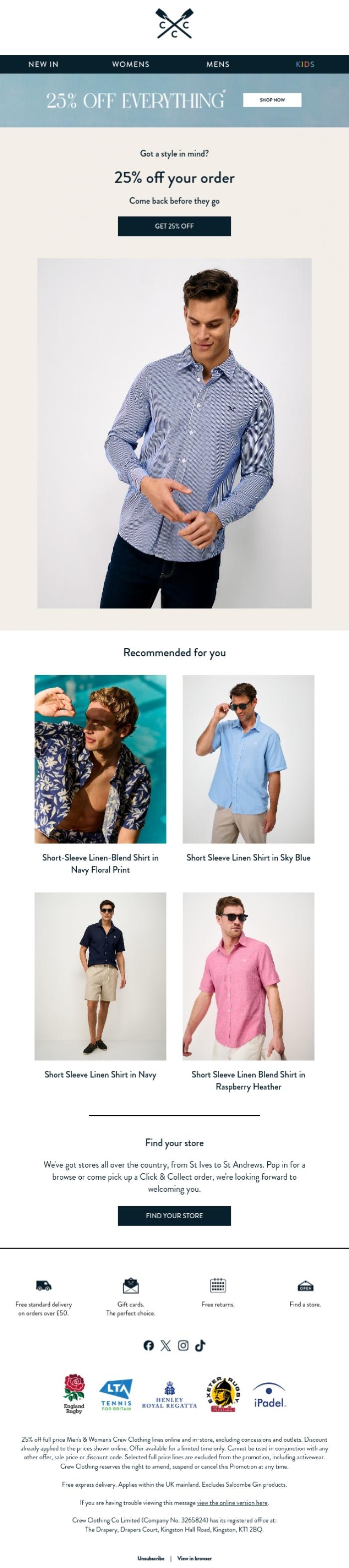 Email Design Inspiration from Crew Clothing, 25% off | See something you liked?