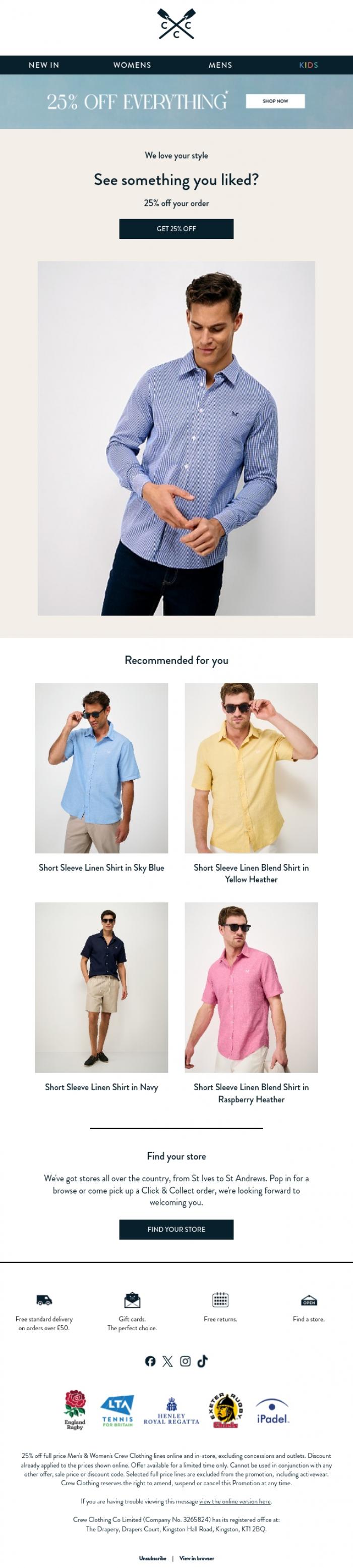 Email Design Inspiration from Crew Clothing, From us, to you | 25% off