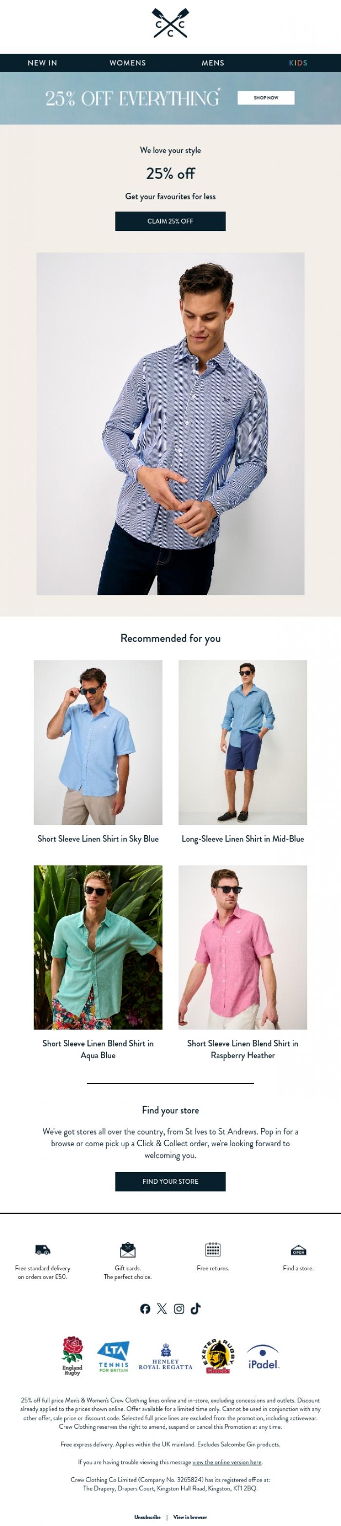 Email Design Inspiration from Crew Clothing, 25% off is waiting...