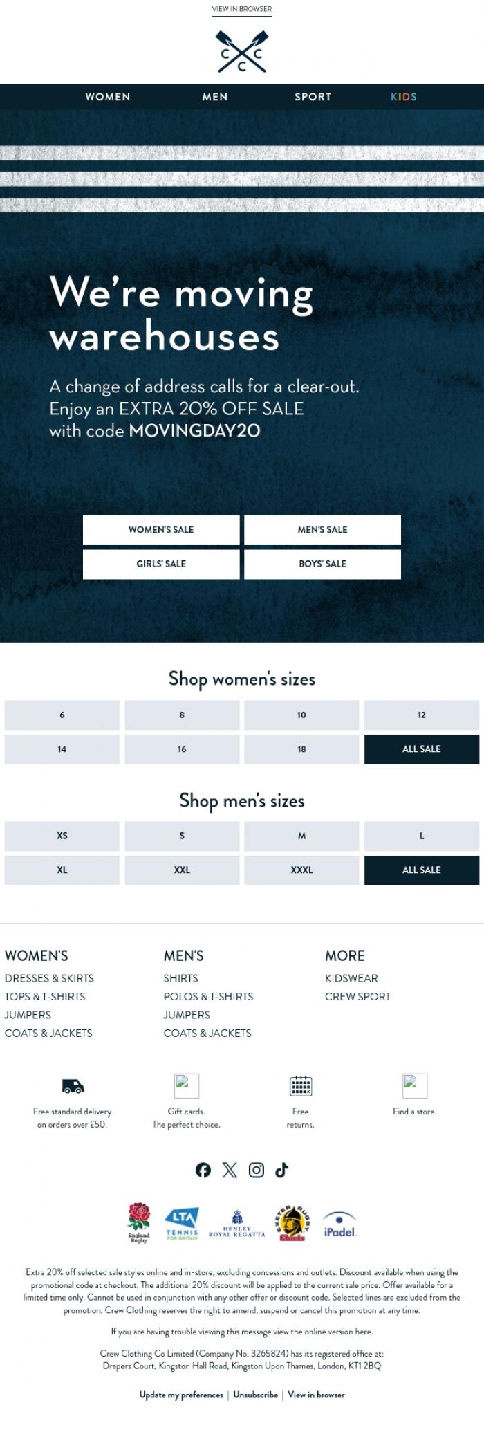 Email Design Inspiration from Crew Clothing, Warehouse move: Get an extra 20% off SALE