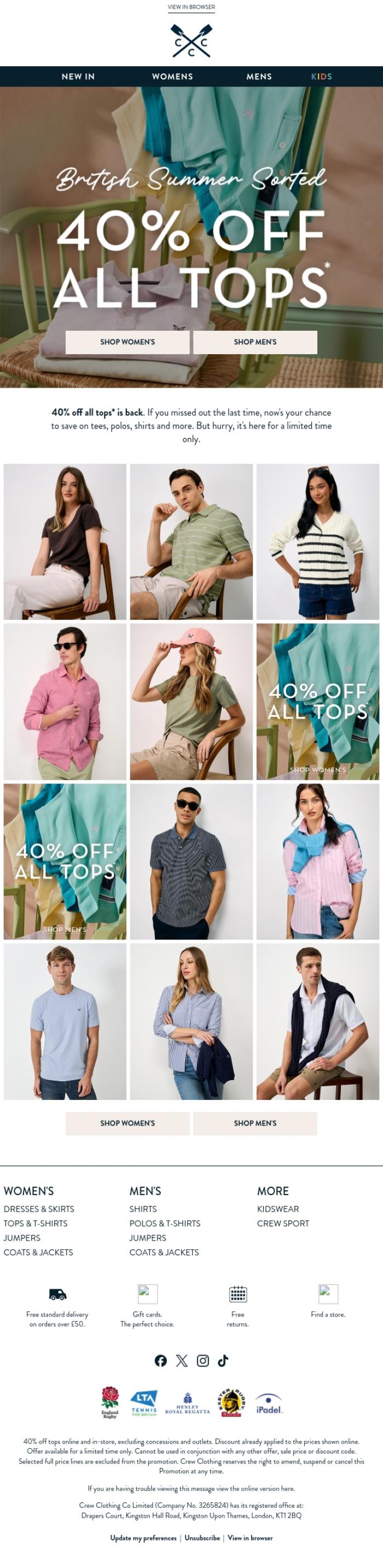 Email Design Inspiration from Crew Clothing, 40% off all tops* is back 👀