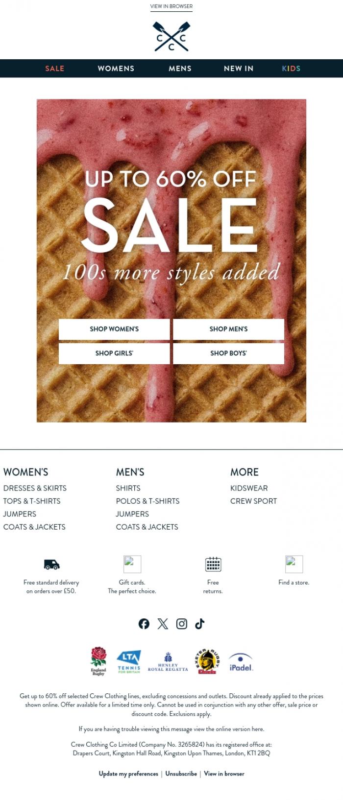 Email Design Inspiration from Crew Clothing, Up to 60% off SALE just launched 📢