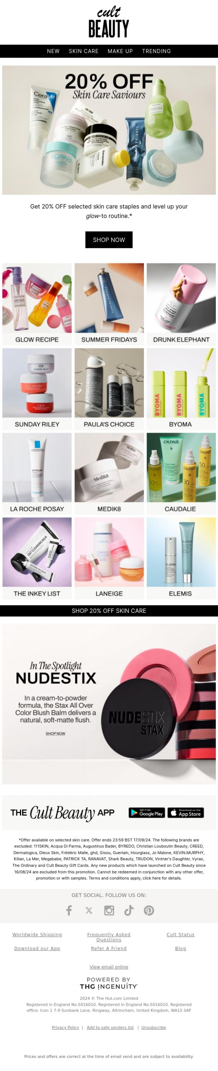 Email Design Inspiration from Cult Beauty, 20% OFF skin care starts now!