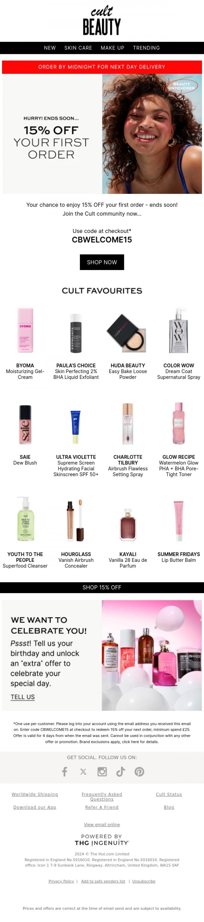 Email Design Inspiration from Cult Beauty, Last chance! 15% OFF your first order