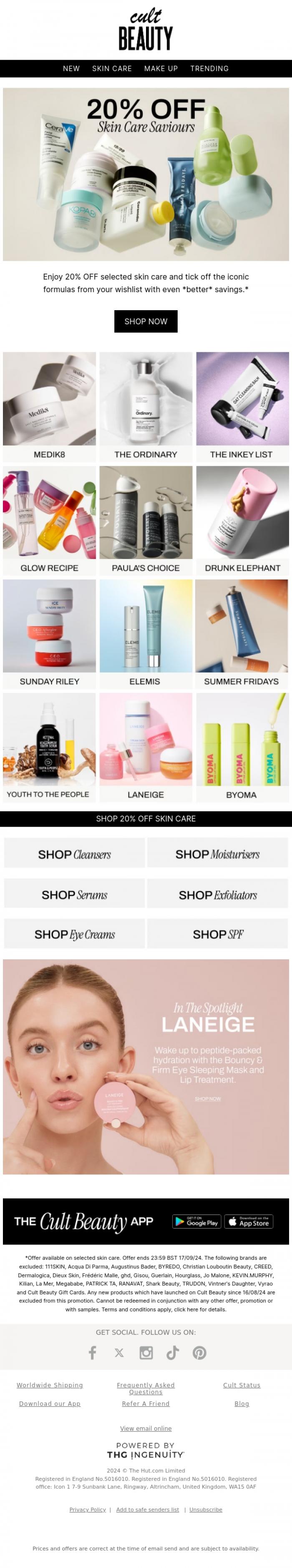 Email Design Inspiration from Cult Beauty, Don't miss! 20% OFF skin care