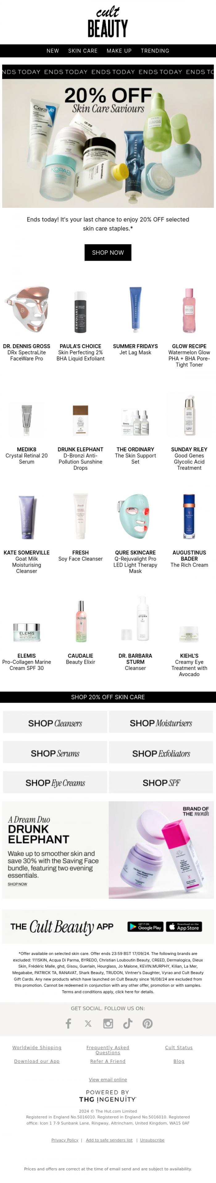 Email Design Inspiration from Cult Beauty, Ends today! 20% OFF skin care