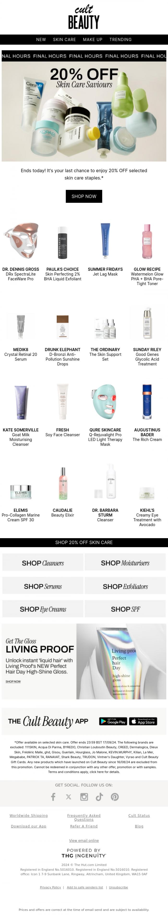 Email Design Inspiration from Cult Beauty, FINAL HOURS! 20% off