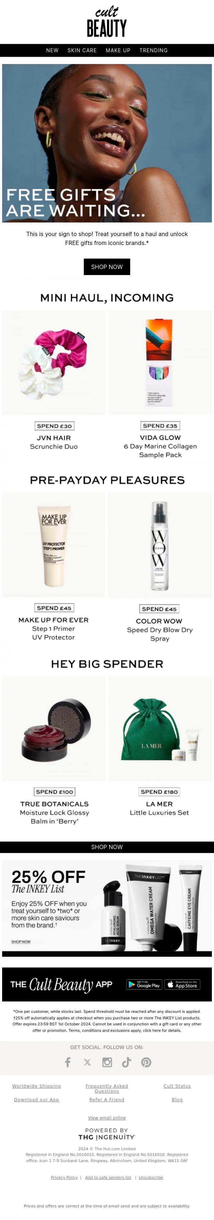 Email Design Inspiration from Cult Beauty, Choose from 6 FREE gifts