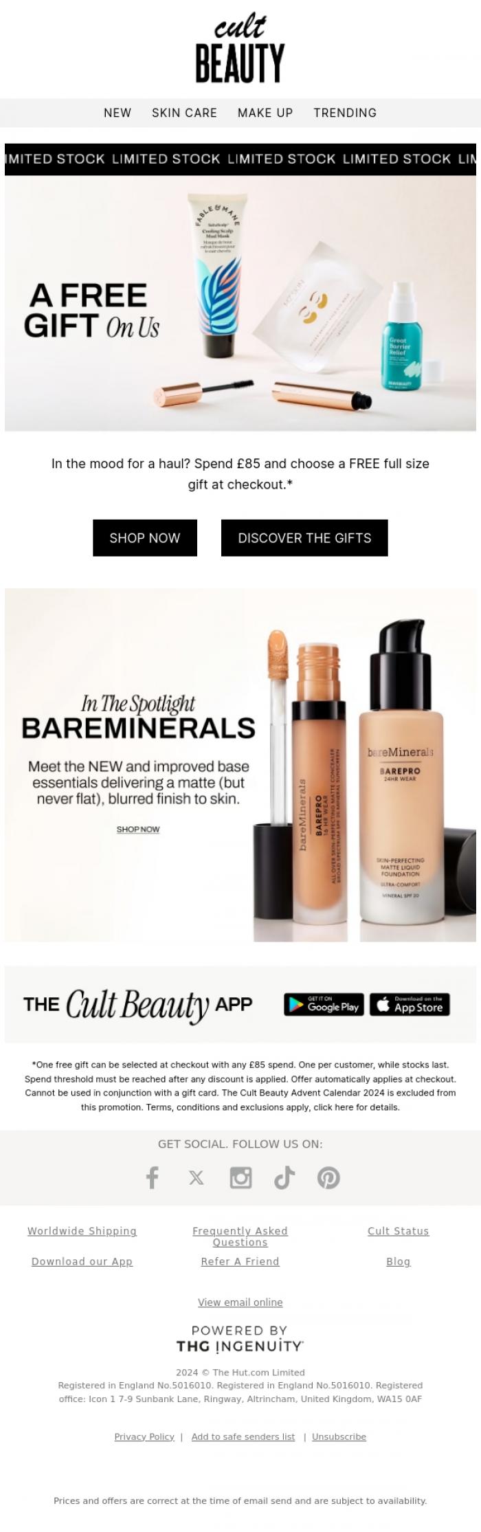 Email Design Inspiration from Cult Beauty, FREE full size gift?
