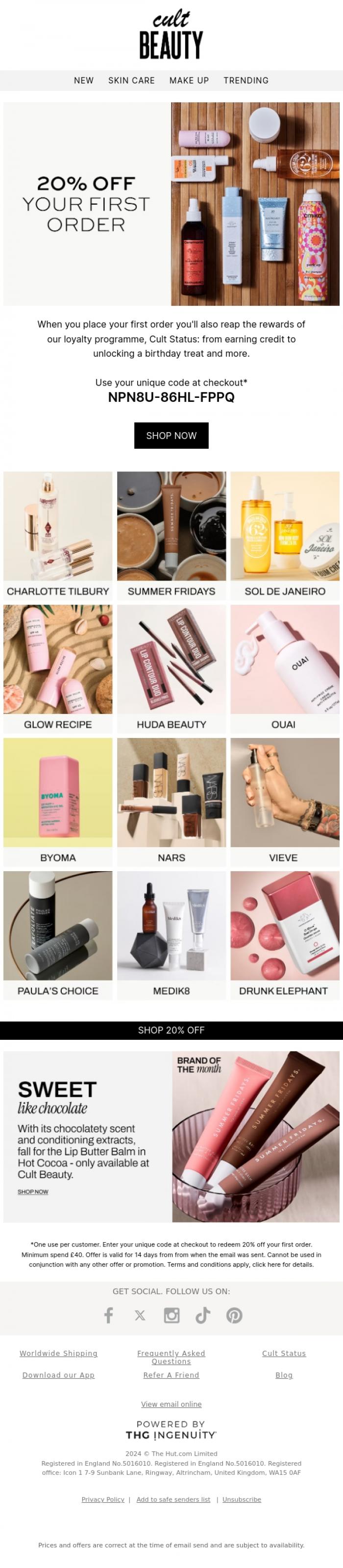 Email Design Inspiration from Cult Beauty, 20% OFF your first order