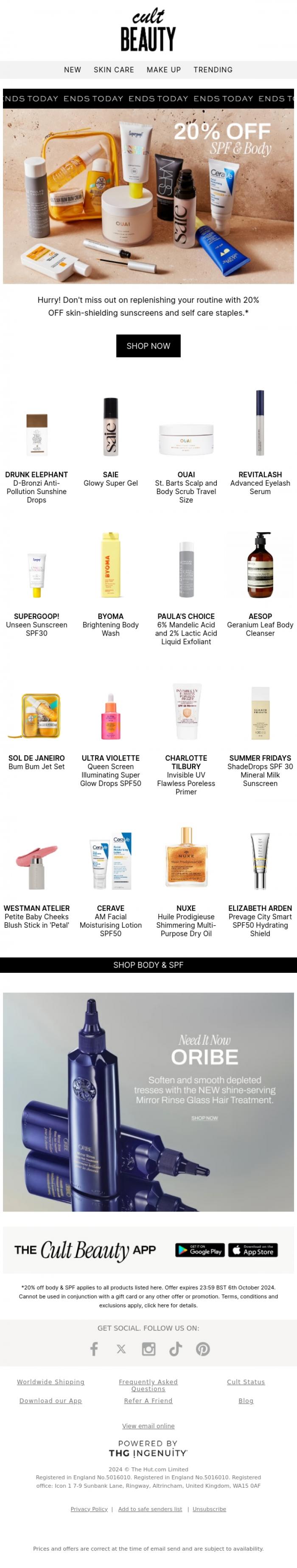 Email Design Inspiration from Cult Beauty, ENDS TODAY! 20% off selected staples