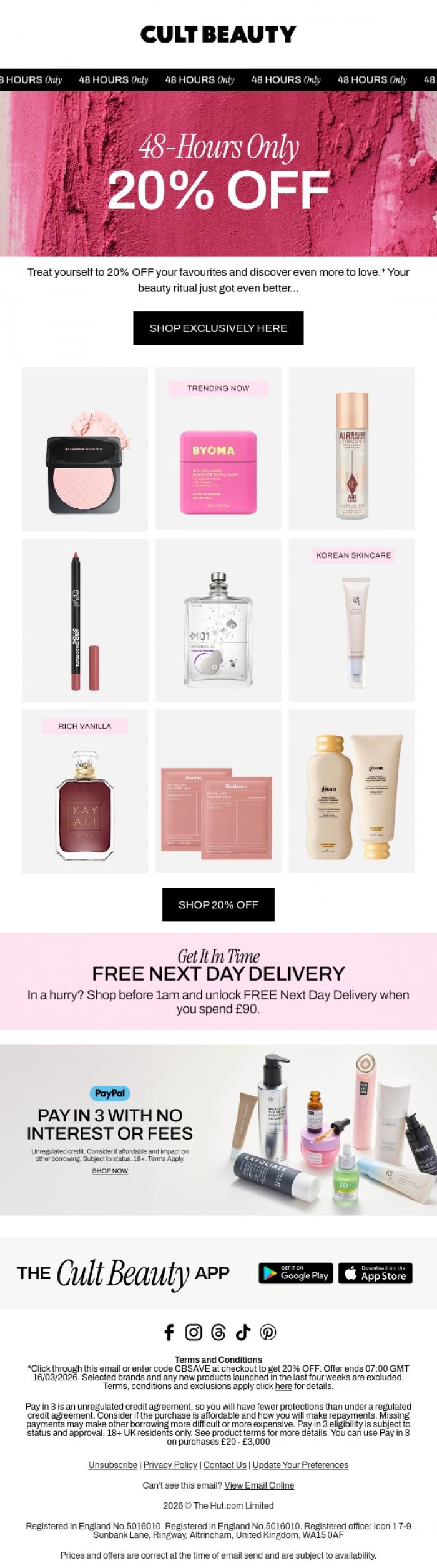 Email Design Inspiration from Cult Beauty, 20% OFF starts now ⚡️