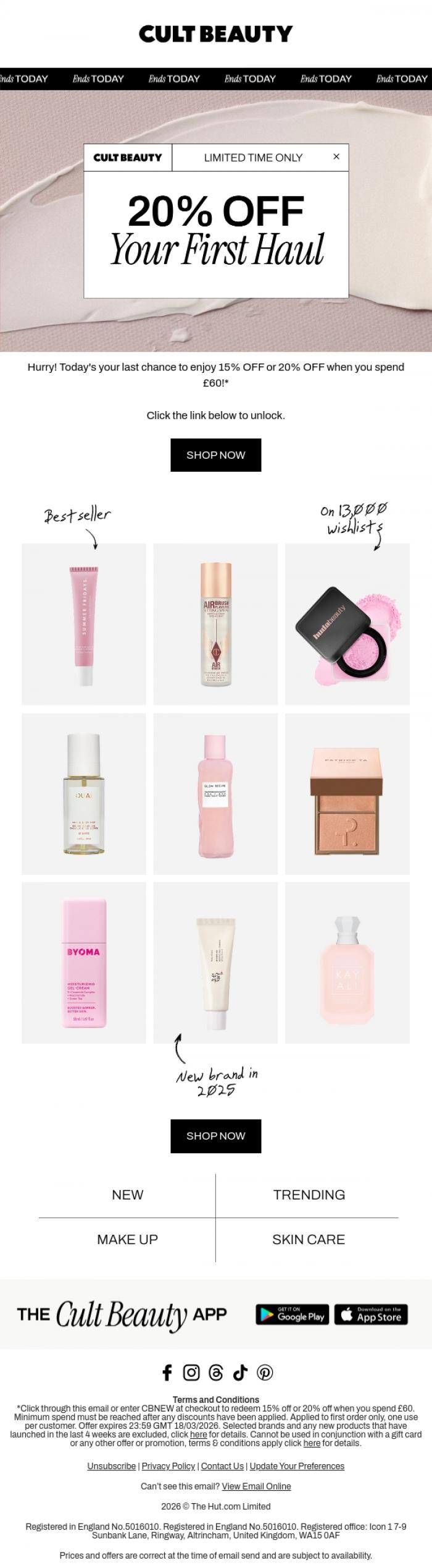 Email Design Inspiration from Cult Beauty, Last chance! 20% OFF