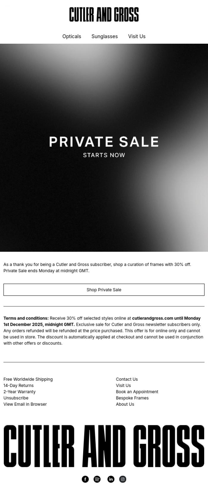 Email Design Inspiration from Cutler and Gross, Private Sale Starts Now