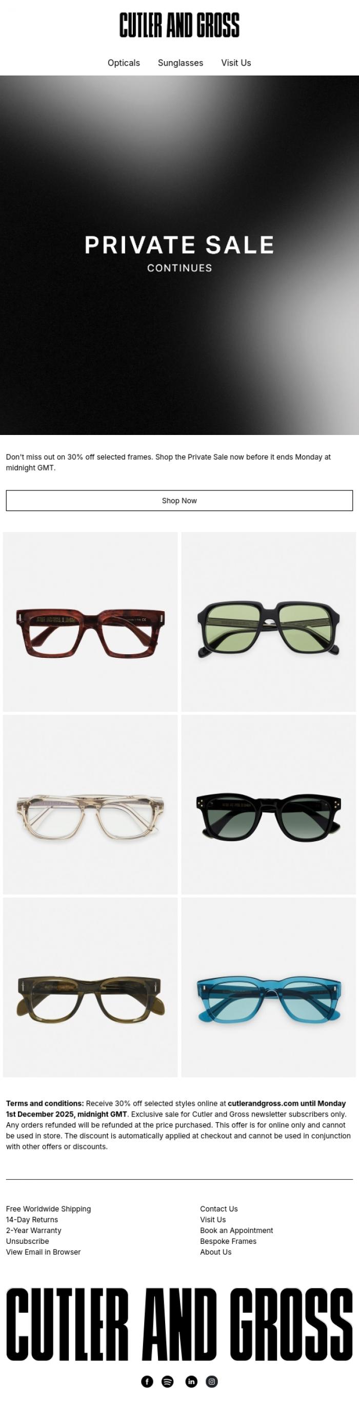 Email Design Inspiration from Cutler and Gross, Don't Miss 30% Off