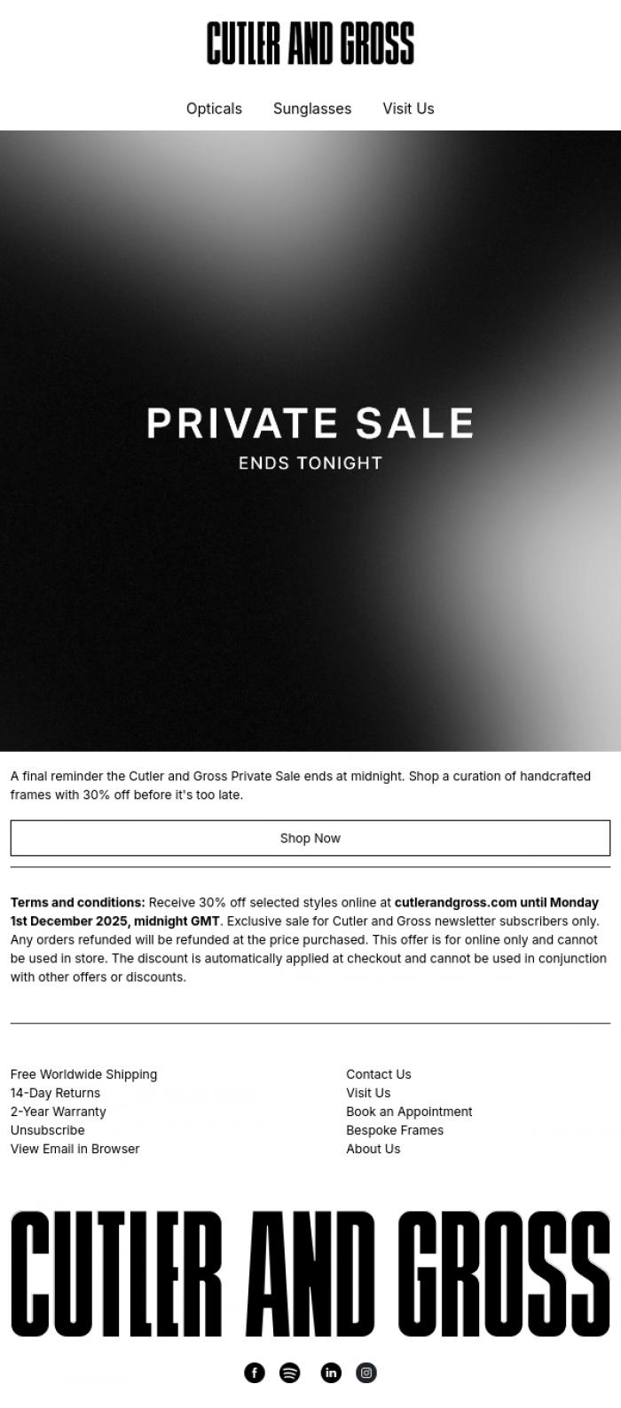 Email Design Inspiration from Cutler and Gross, Last Chance, Private Sale Ends Midnight