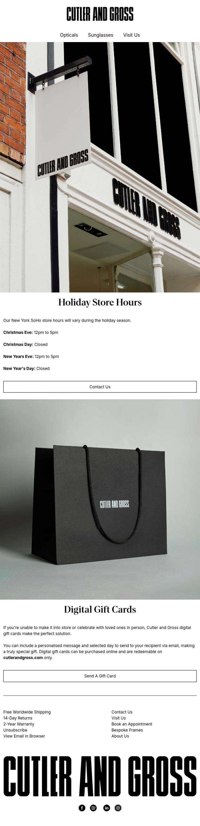 Email Design Inspiration from Cutler and Gross, Holiday Store Hours
